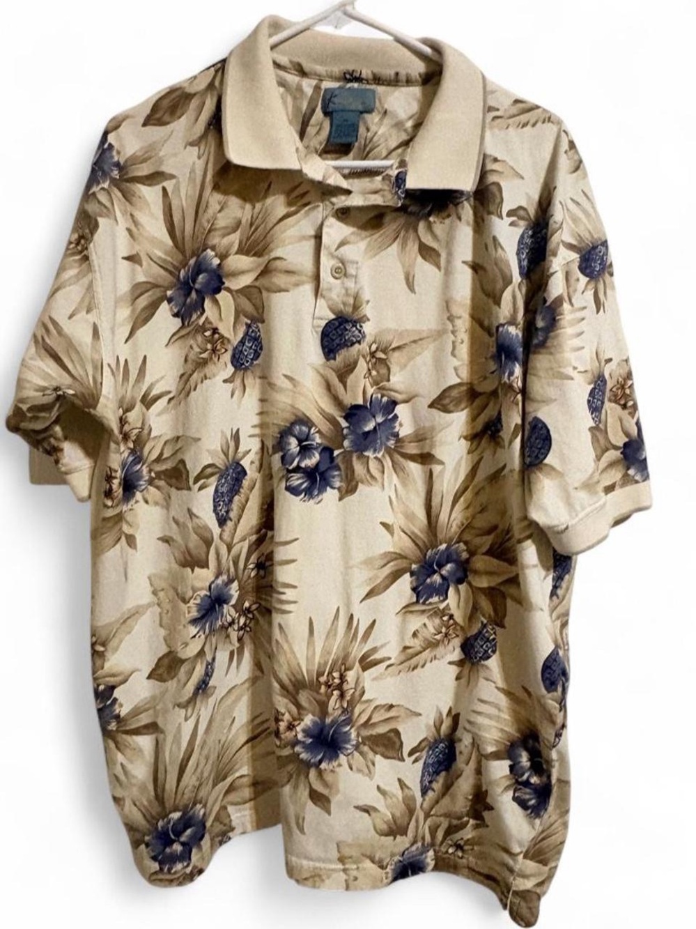 Men's Beige Floral Collared Polo Shirt with Blue Accents Sz XL
